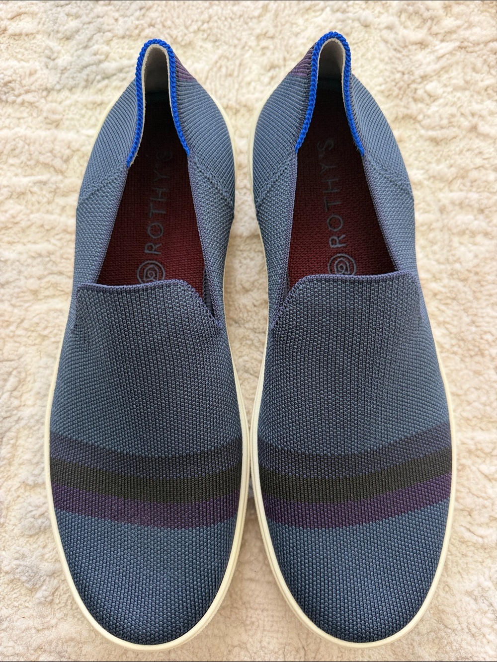Rothy's Women’s Blue Knit Slip-On Loafers with Black and Purple Stripes